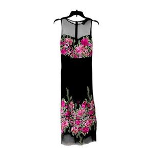 Forever 21 Black Maxi Dress with Pink & Green Floral Embroidery, XS